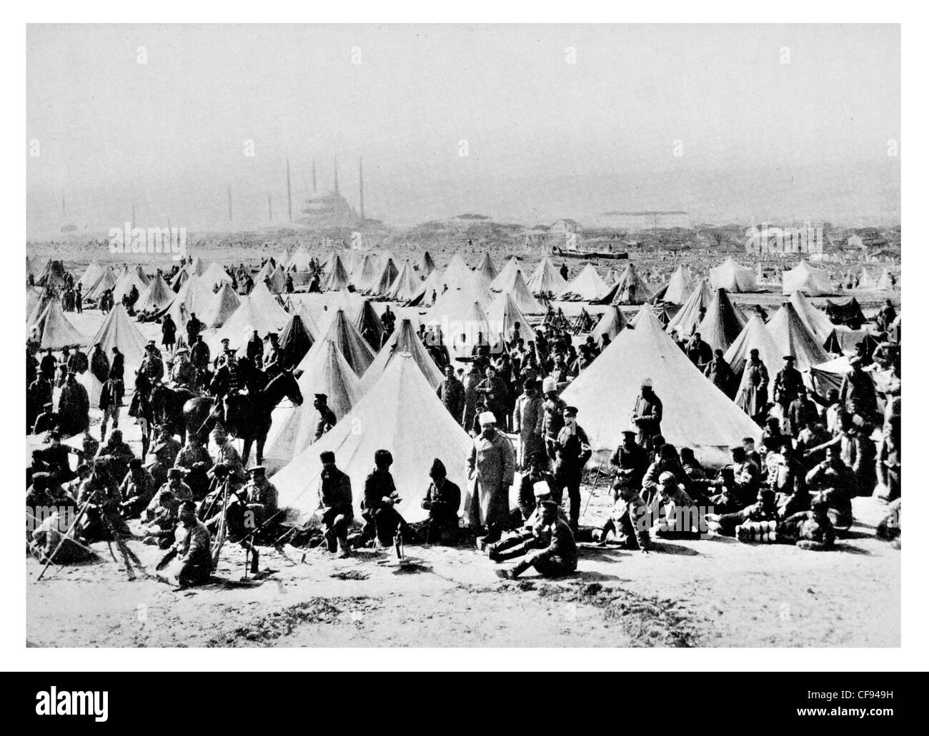 Victorious Bulgarians camped outside Adrianople Turkey camp base canvas tent Bulgarian Victory Thrace regiment Selimiye Mosque Stock Photo