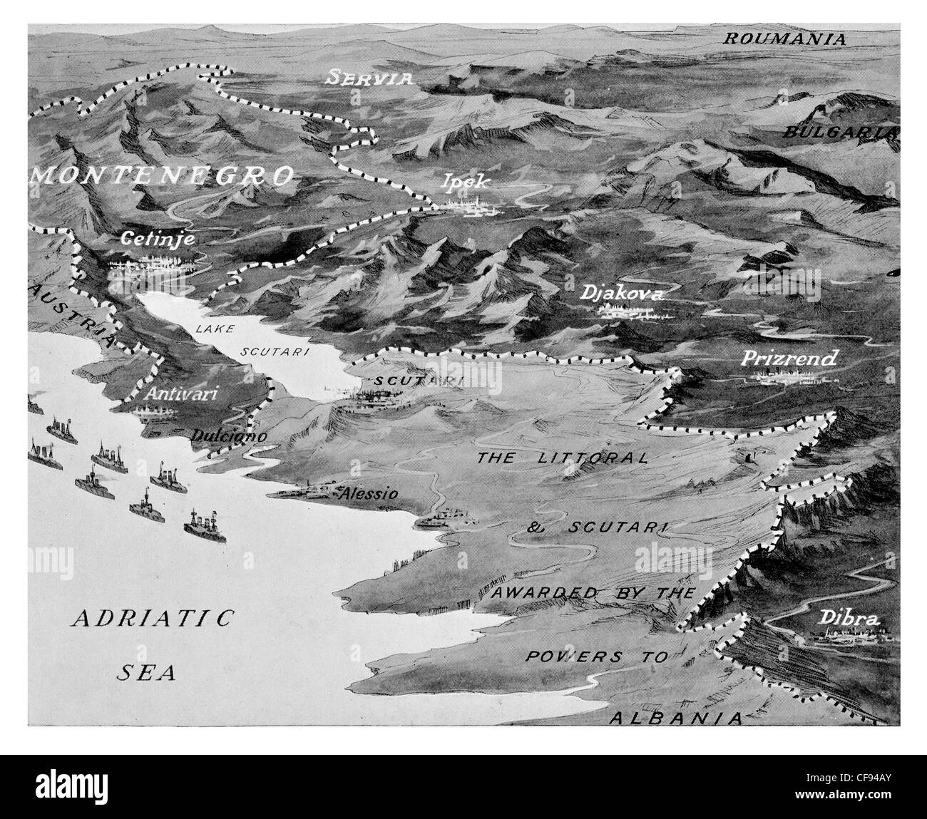 Montenegro little seaboard strategic map military battle plan artillery battery strategy  battlefield Navy Adriatic Sea Stock Photo