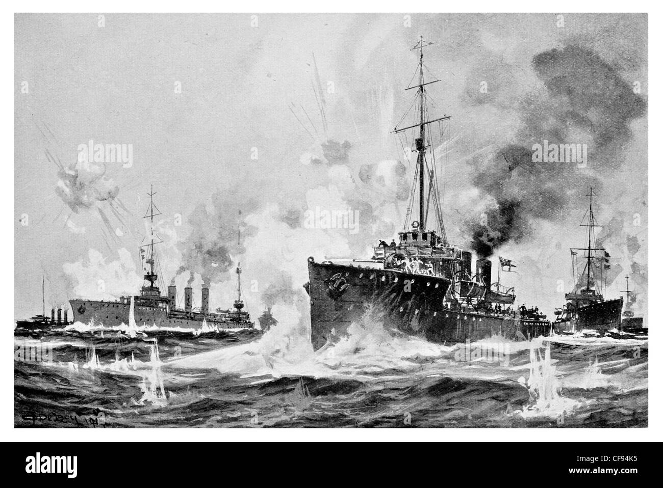 Destroyers attacking German Cruisers in the Heligoland Sea Fight Stock Photo