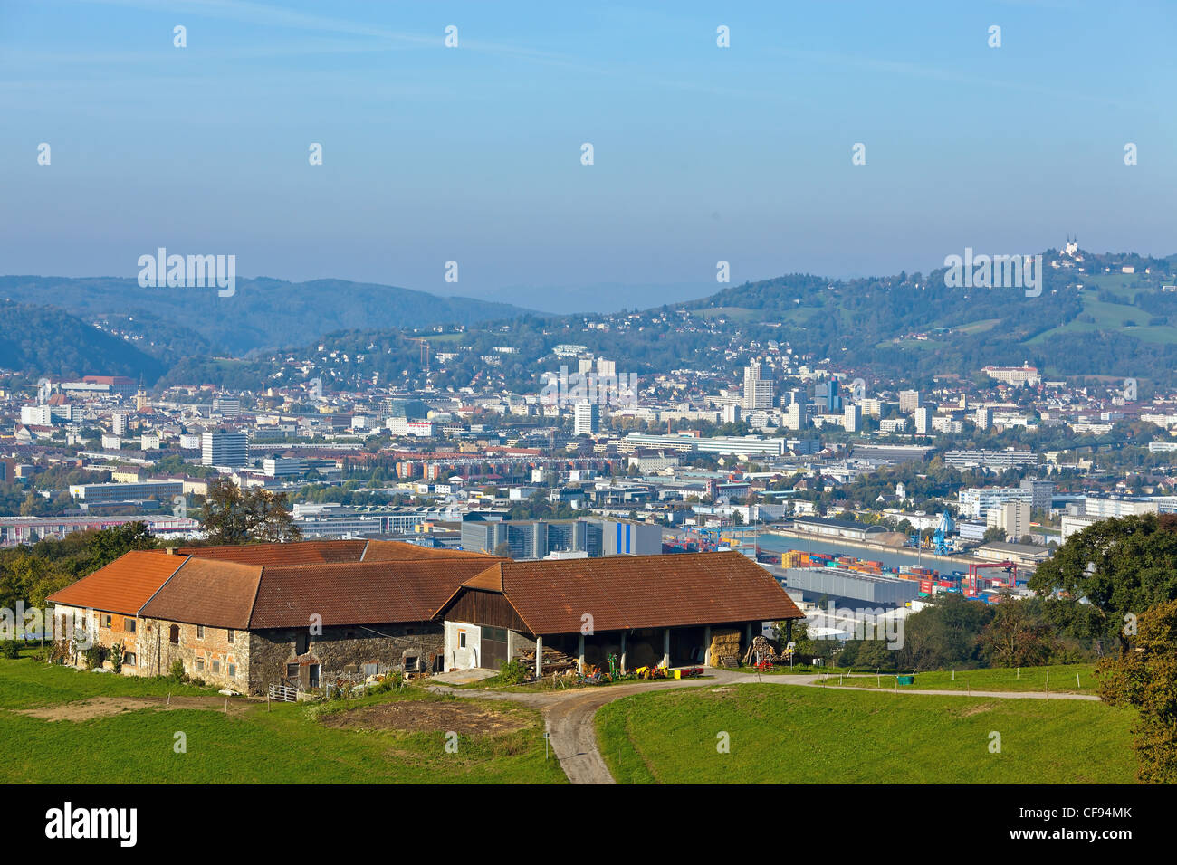 austria, upper austria, linz. view of the city with farm Stock Photo