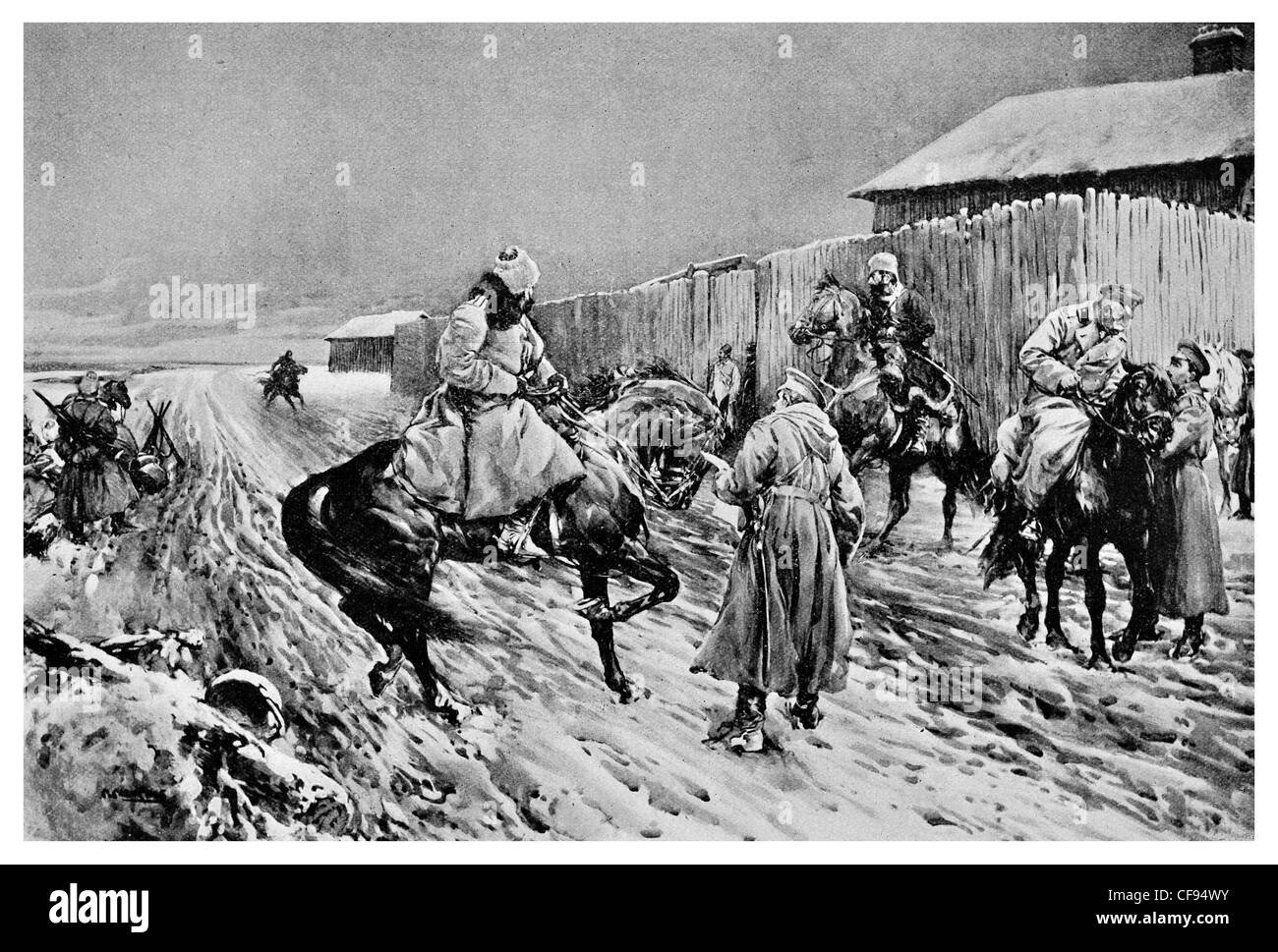 Arrival of Military dispatch rider at Russian Post House winter snow bitter cold horse Stock Photo