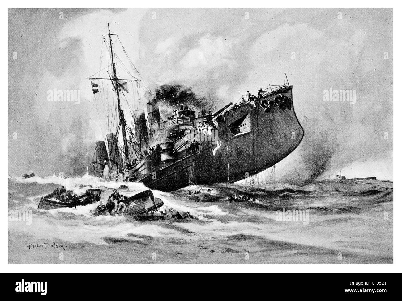 Sinking of Russian Bayan-class armored Cruiser Pallada torpedoed by a German submarine Stock Photo