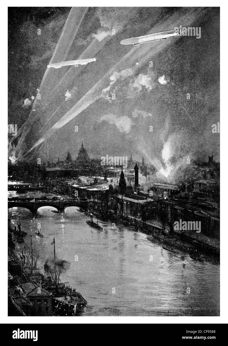 German Zeppelin over London England river Thames search light night exploding bomb Stock Photo