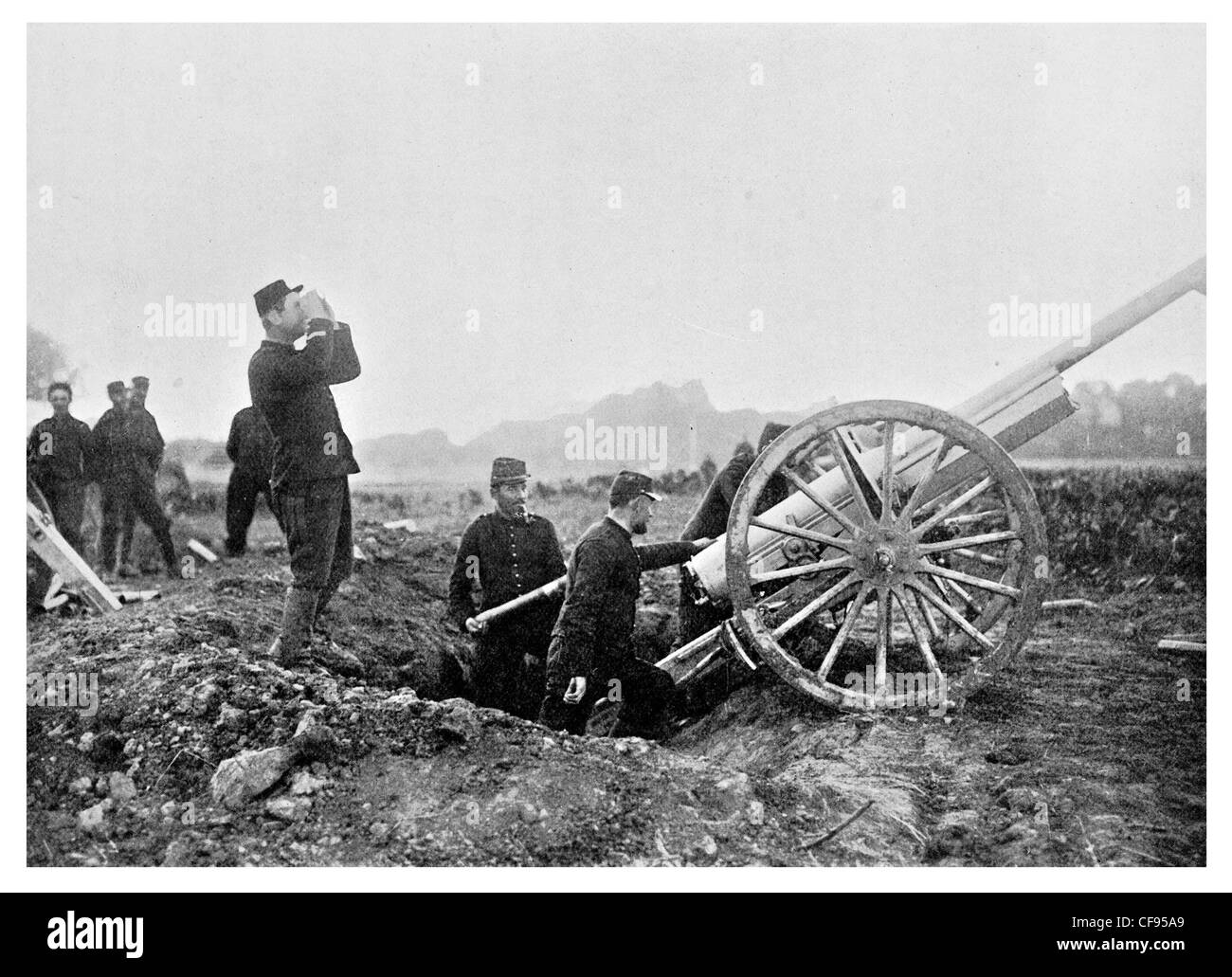 Firing a French 75 mm Gun quick-firing field artillery first modern artillery piece Stock Photo