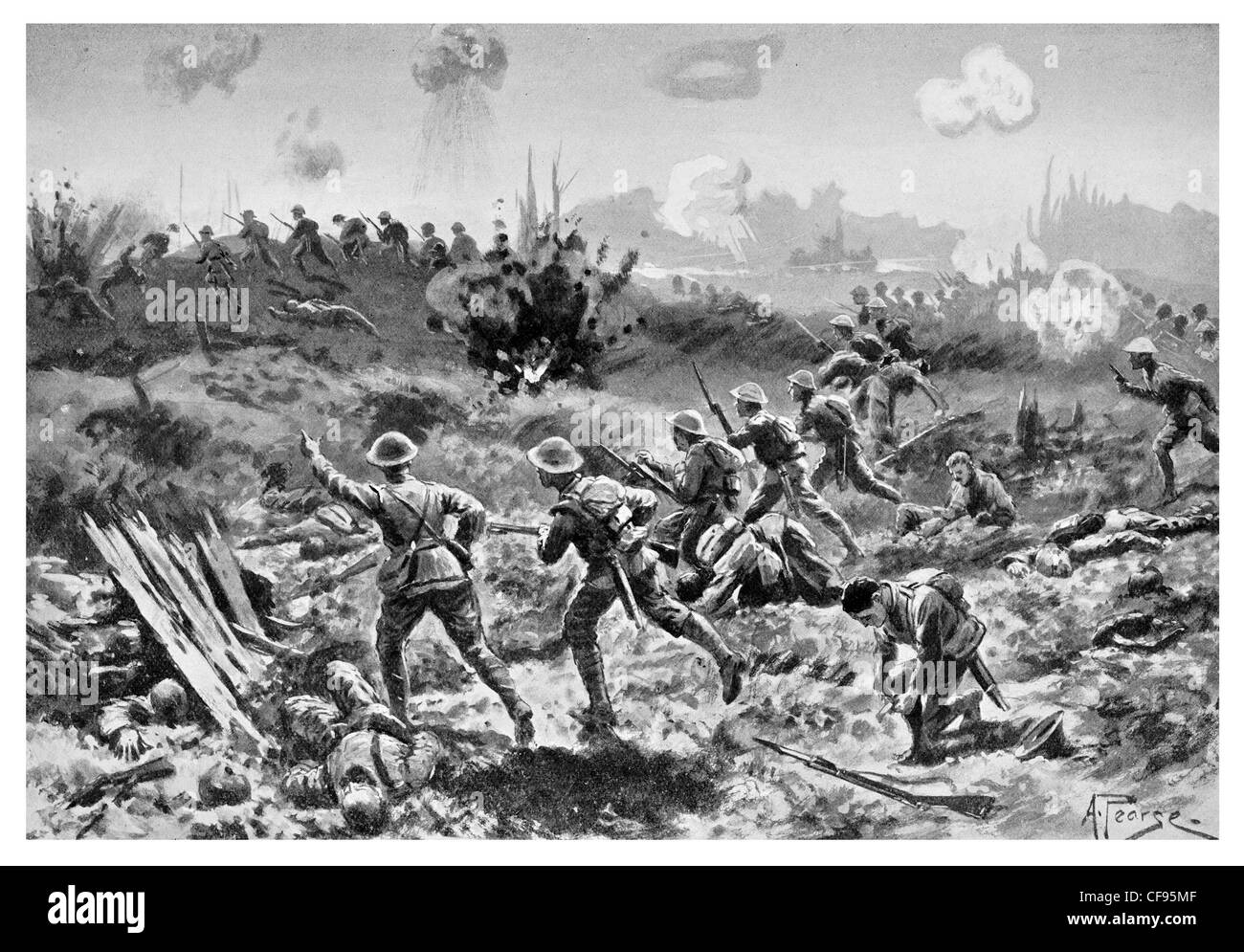 rifle men soldiers charge Crossing no man's land somme Stock Photo