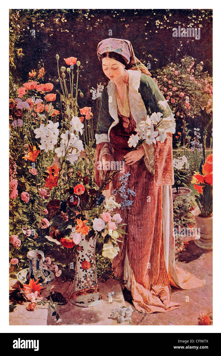 In the Bey's Garden by John Frederick Lewis Mediterranean woman lady gardening collecting flowers flower petal rose period dress Stock Photo