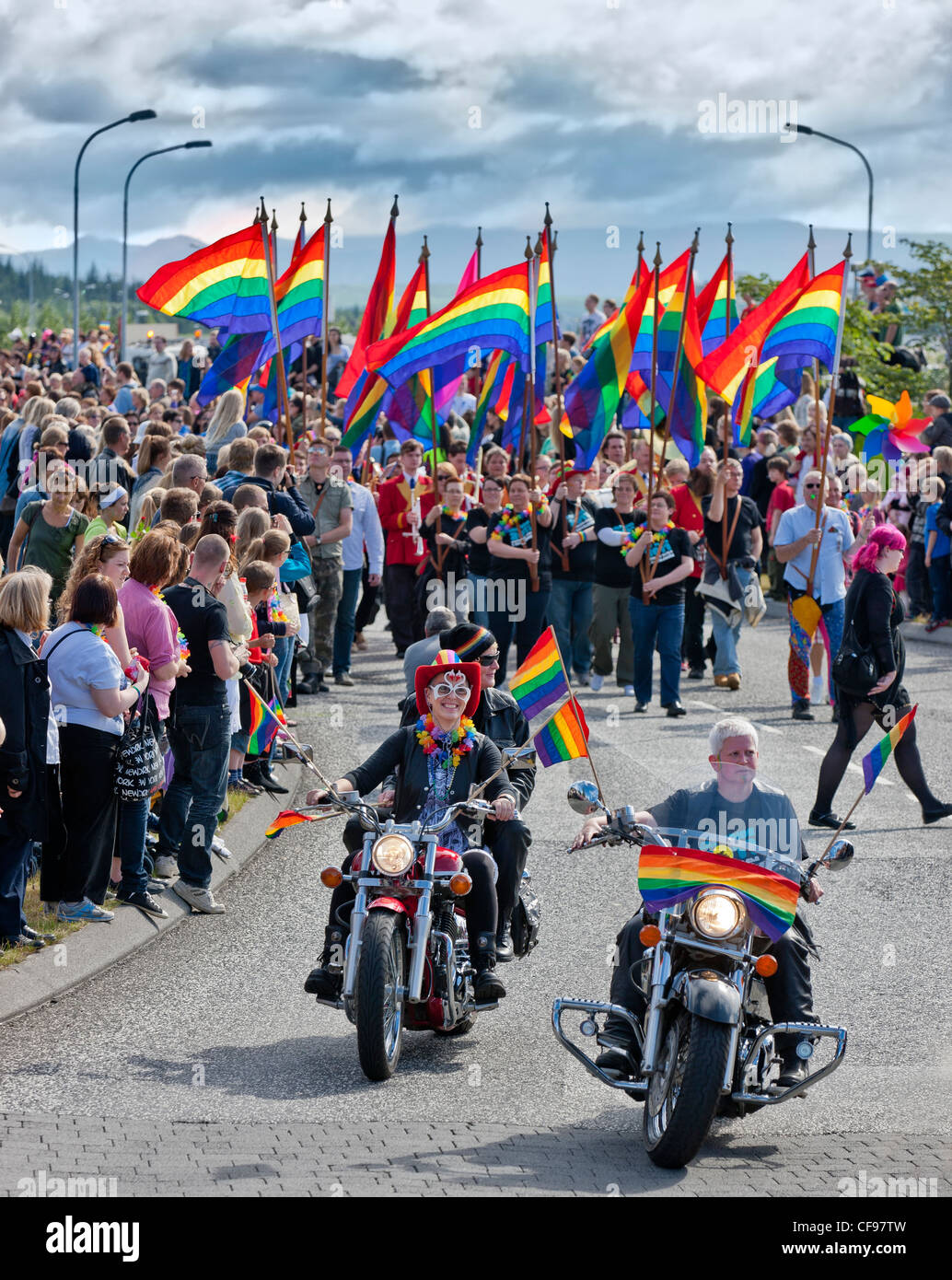 Dykes on Bikes leading the Gay Pride Parade, Reykjavik Iceland Stock Photo