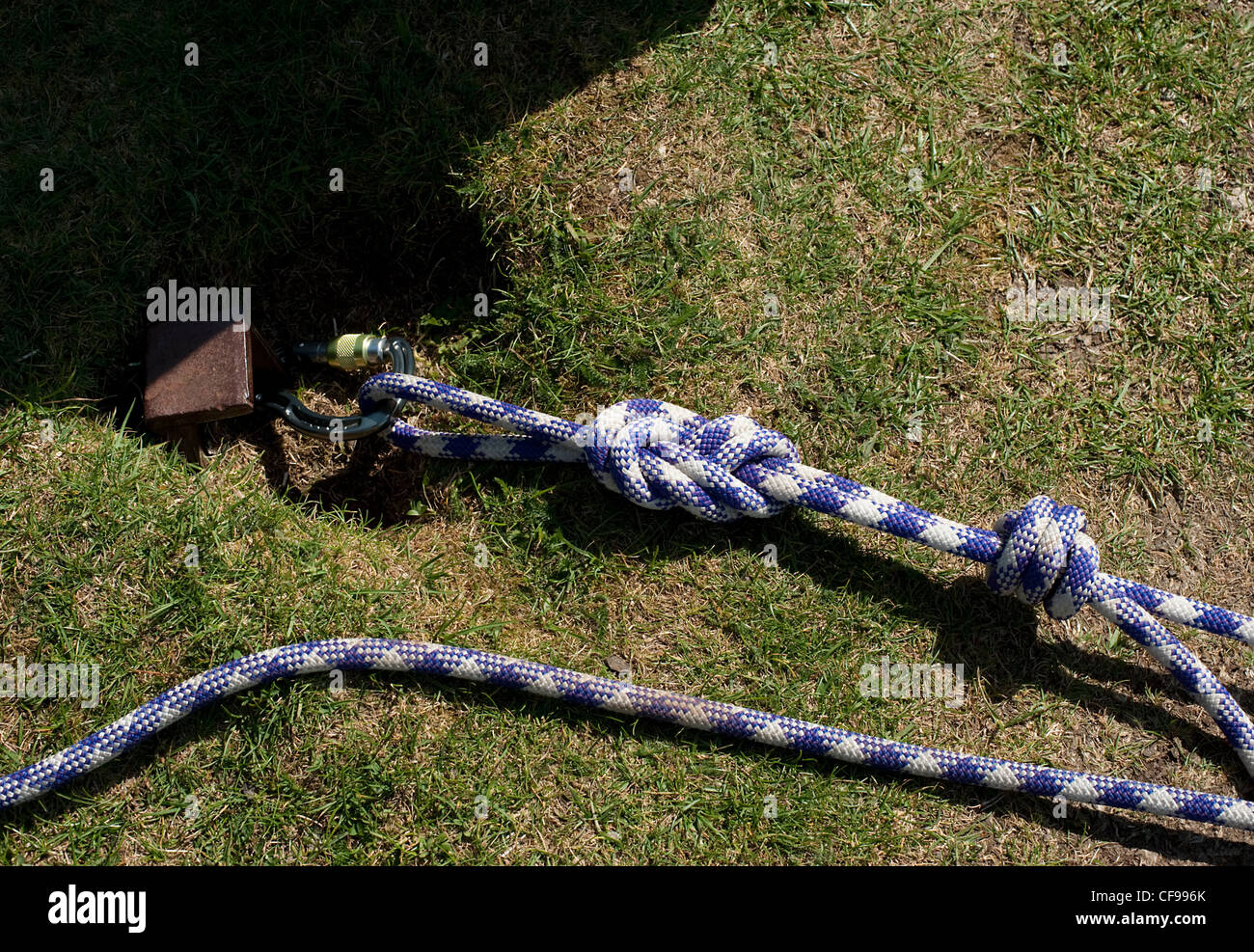 Demonstration of a figure of eight and stopper knot on a climbers rope tied to screw gate on an anchor ring at a belay station Stock Photo