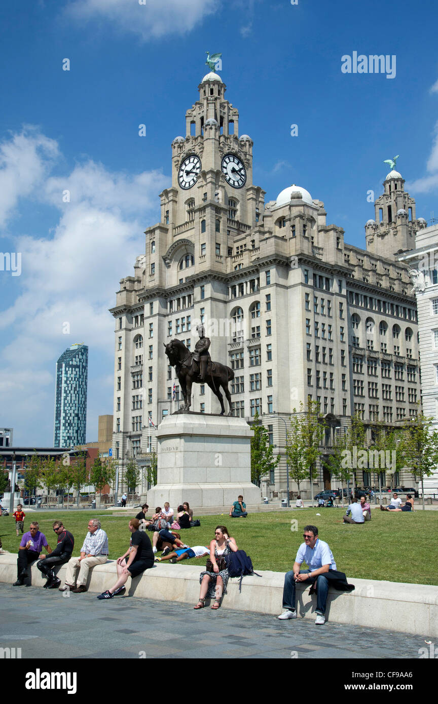 The Royal Liver building is a historic local and national landmark Albert Docks Statue of King Edward VII on horseback. Stock Photo