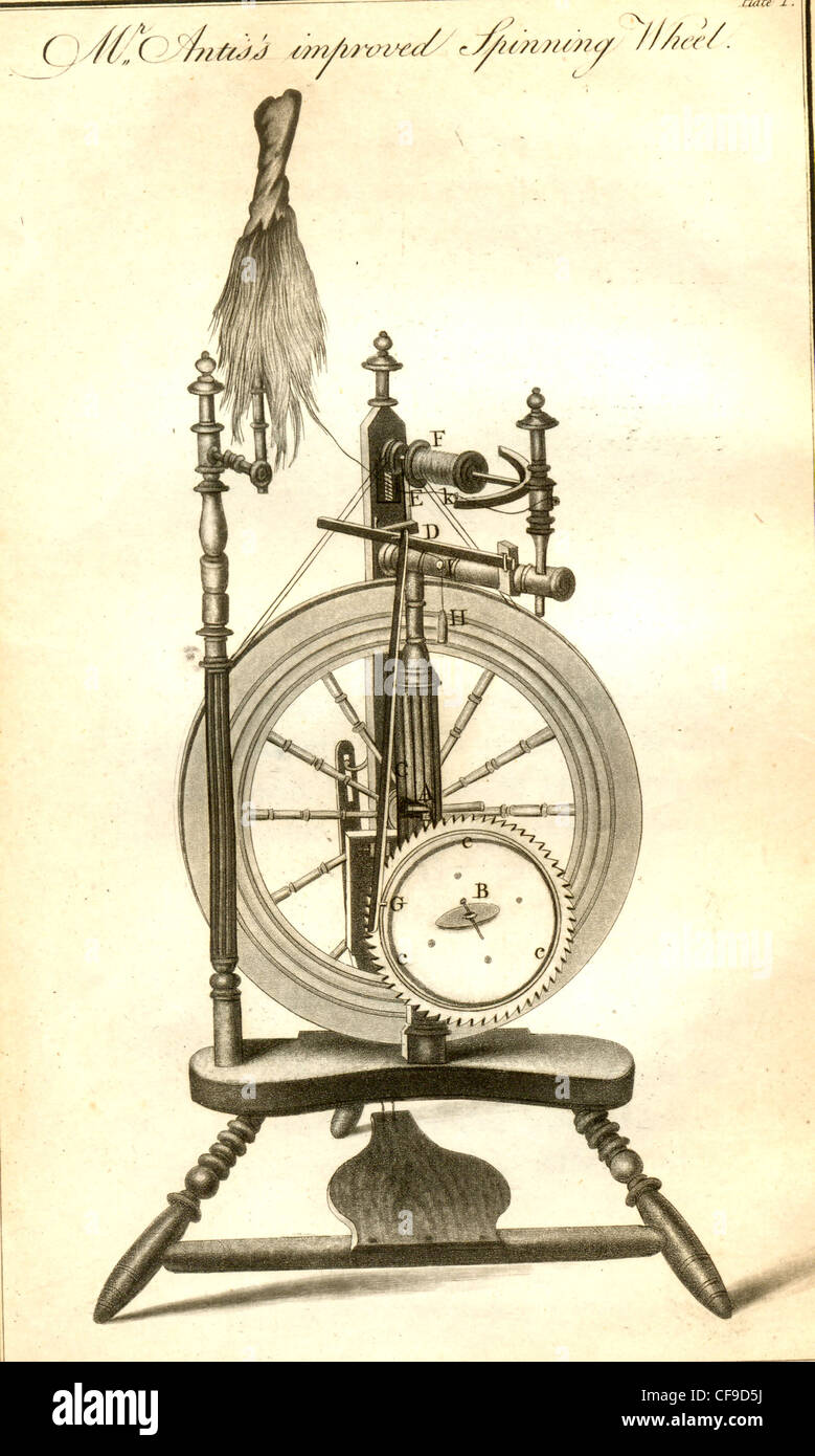 Engraved plate of spinning wheel submitted to the Society of Arts by Robert Burt., shoemaker. Stock Photo