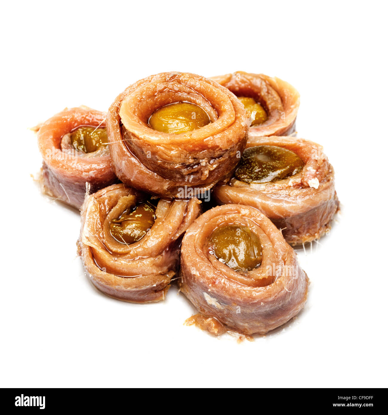 Anchovies wrapped around capers Stock Photo