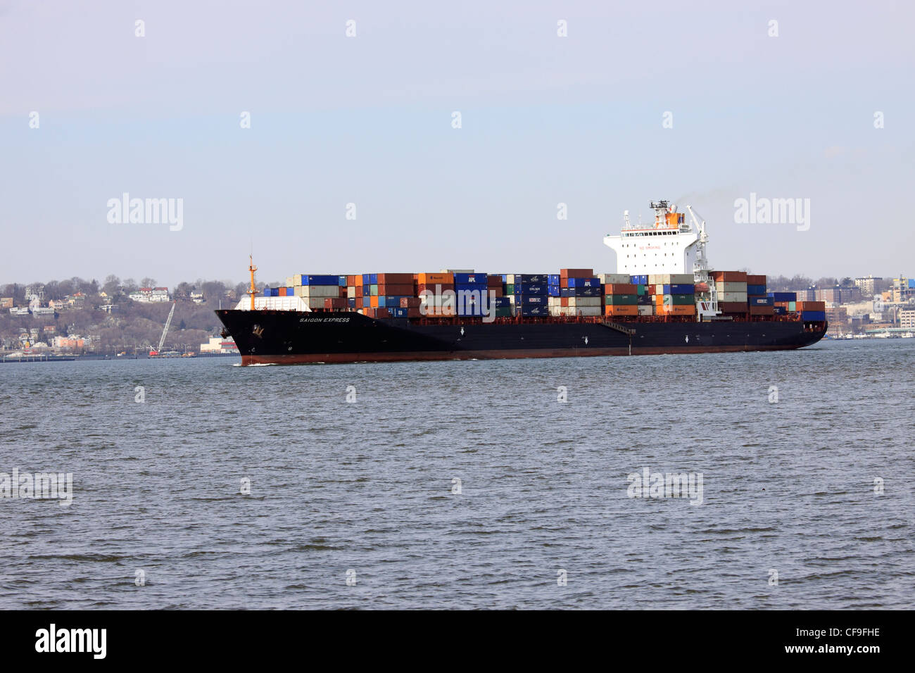 The Saigon Express container / cargo ship based in Hong Kong in New York harbor Stock Photo
