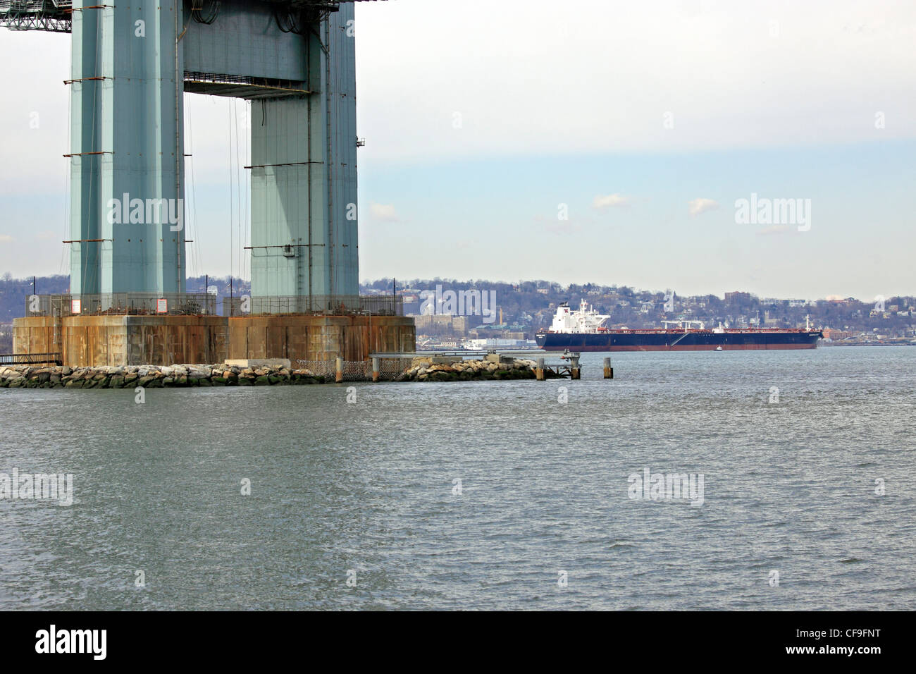 Oil tanker under the Verrazano Narrows Bridge Brooklyn New York City Stock Photo