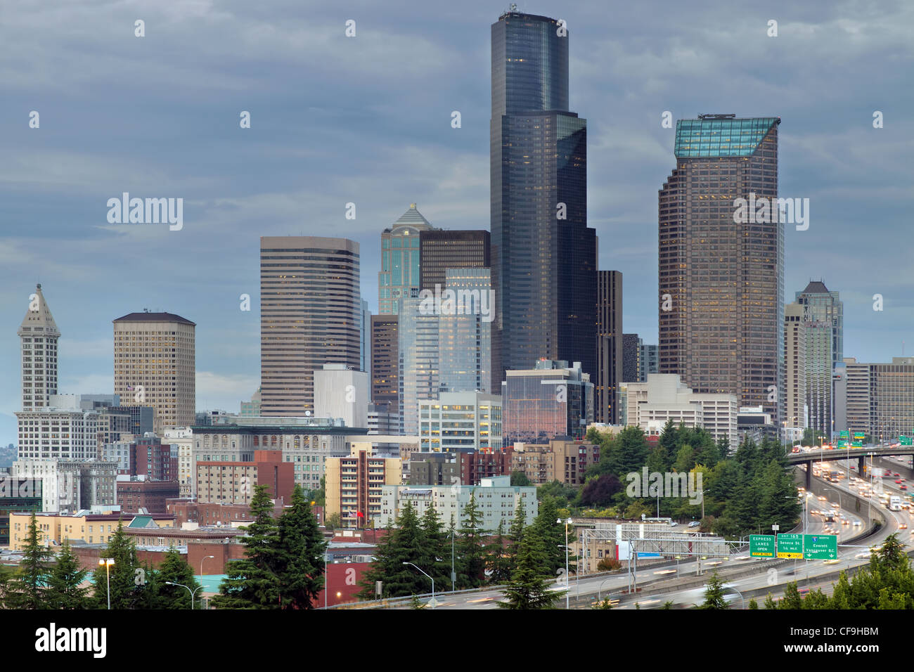 Seattle Washington City Skyline with Freeway Rush Hour Traffic Stock Photo