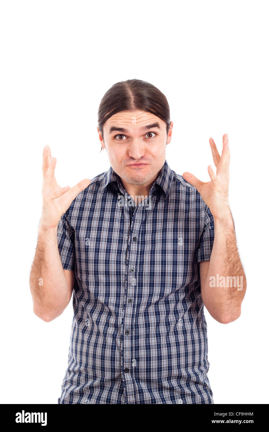 Upset funny man gesturing, isolated on white background. Stock Photo