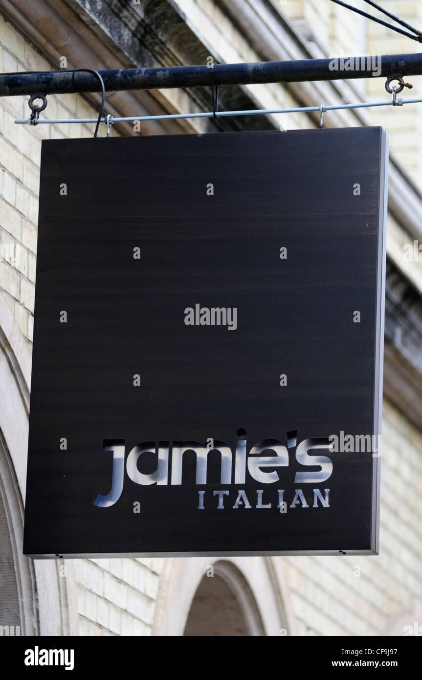 Jamie's Italian Restaurant Sign, Wheeler Street, Cambridge, England, UK Stock Photo