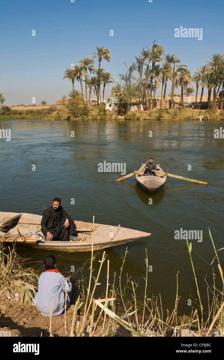 Dingy boats Nile River Assiyut region Egypt Stock Photo