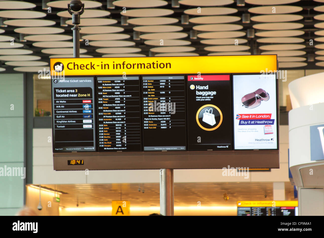 Heathrow Airport terminal checkin information, security, advertising