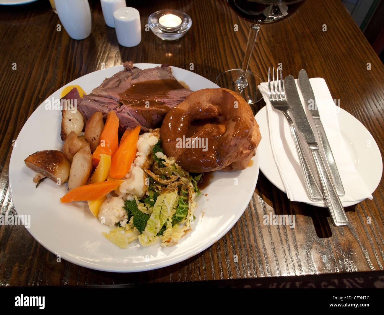 Traditional English Carvery Sunday lunch Roast beef and Yorkshire