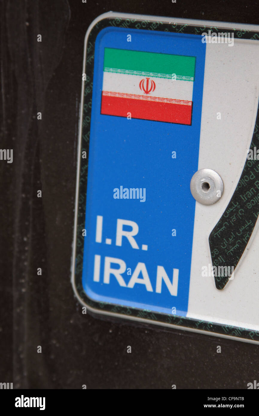 I.R. IRAN Iranian car vehicle number plate flag blue stripe on the left hand side of the plate portrait Stock Photo