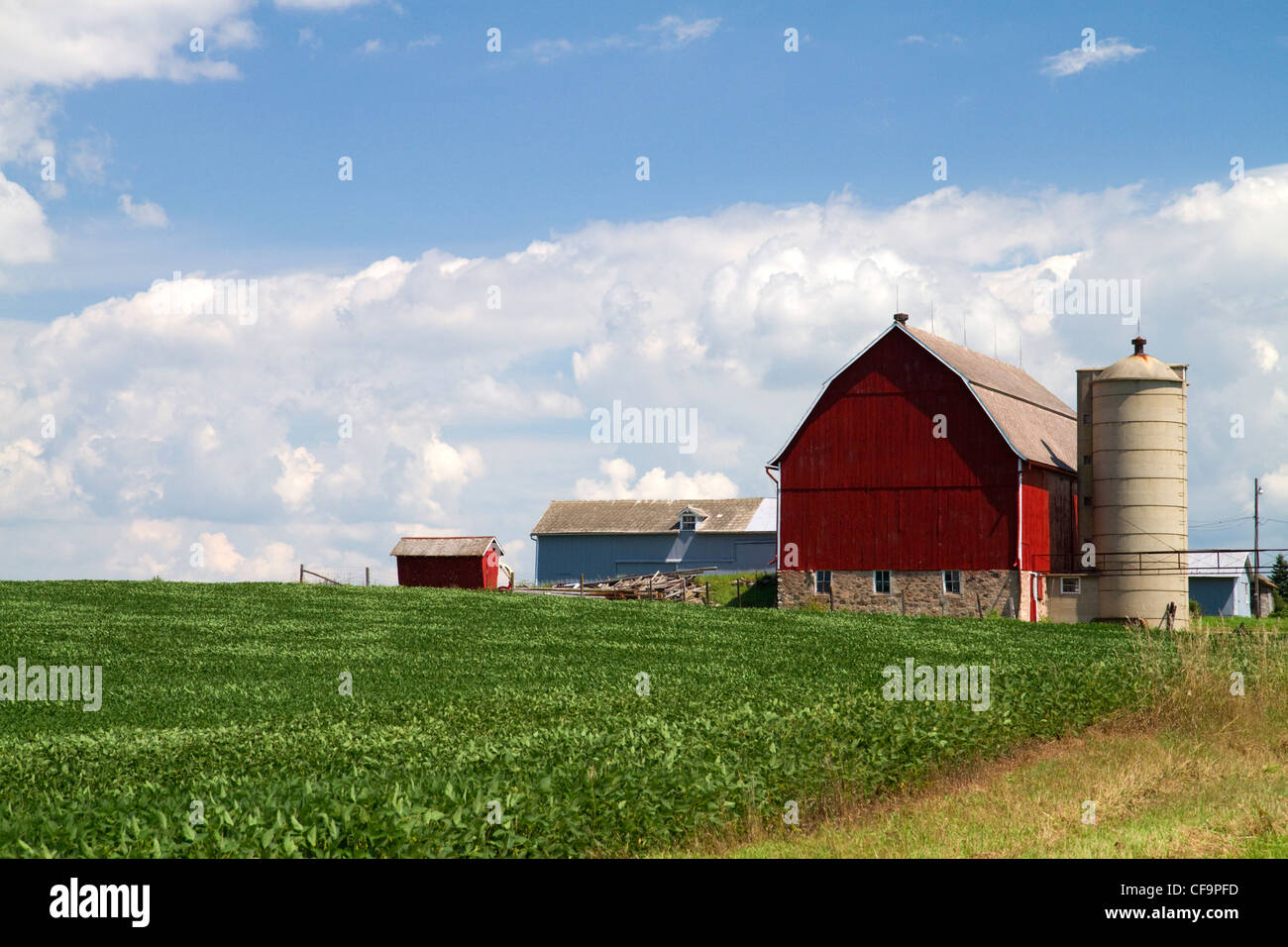 Red barn and farmland along U.S. Highway 10 near Brilliion, Wisconsin, USA. Stock Photo