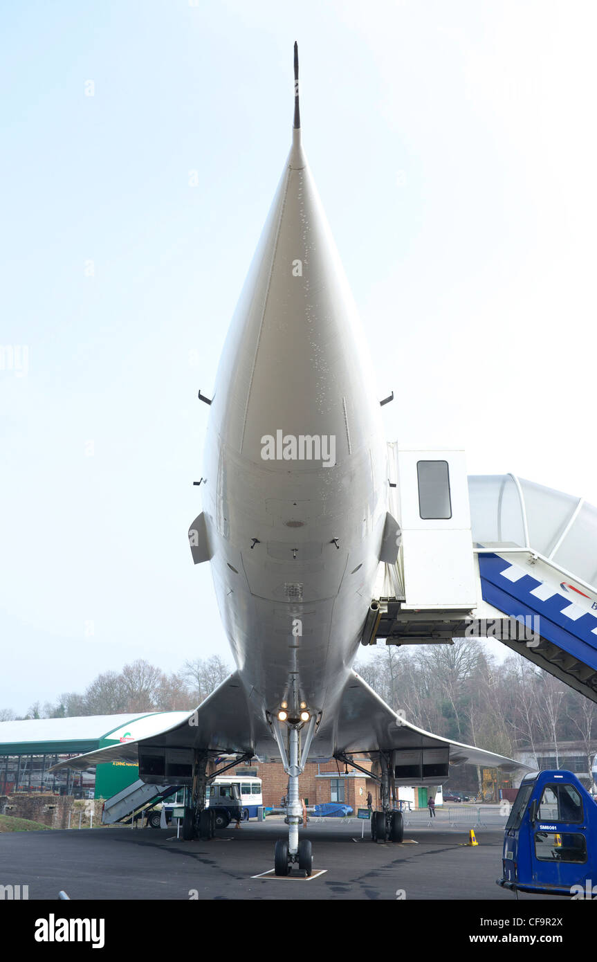 The tilting nosecone of Concorde G-BBDG at Brooklands Museum. Stock Photo