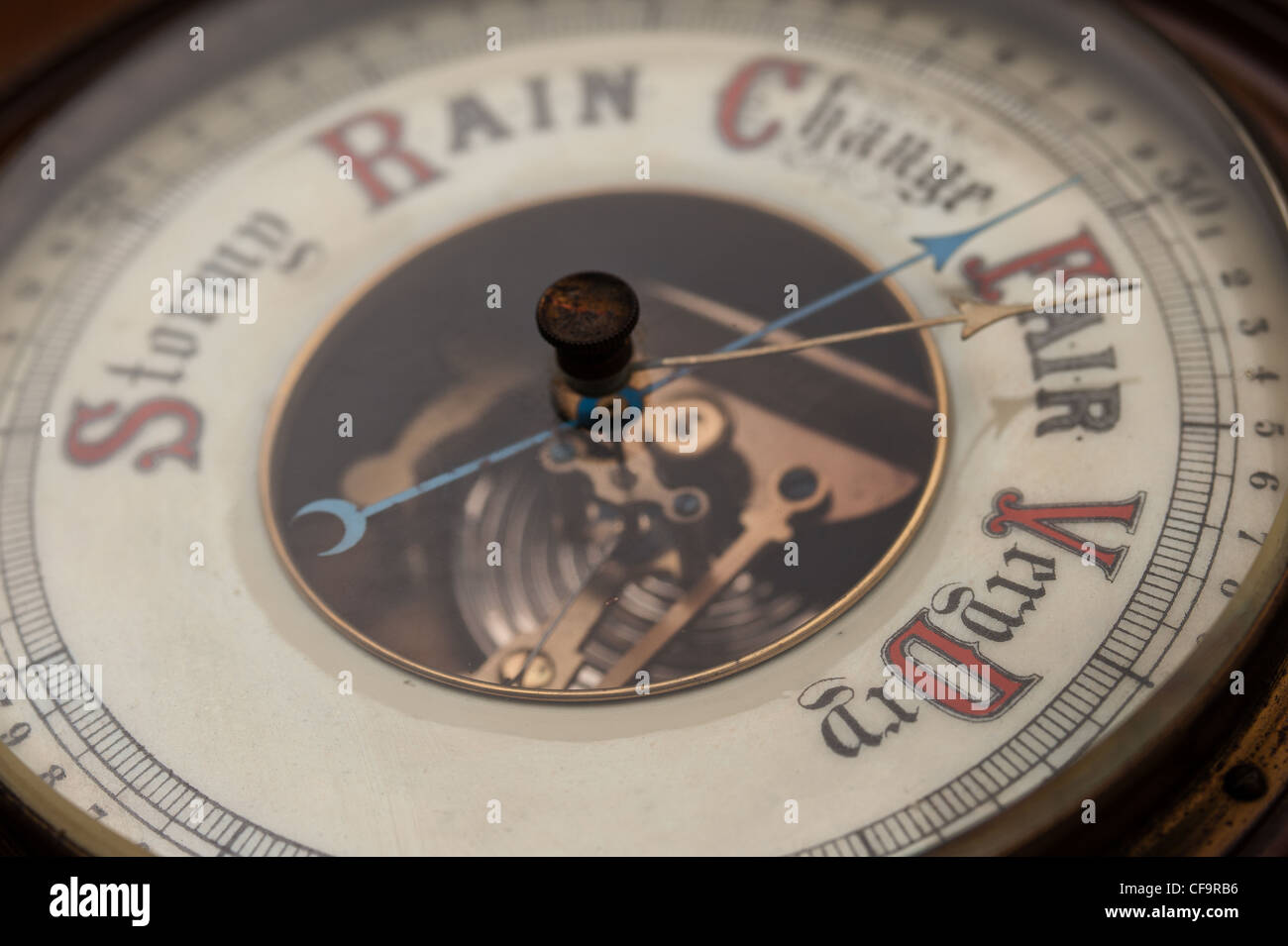 Old classic collectible aneroid barometer used for measuring and forecasting weather condition
