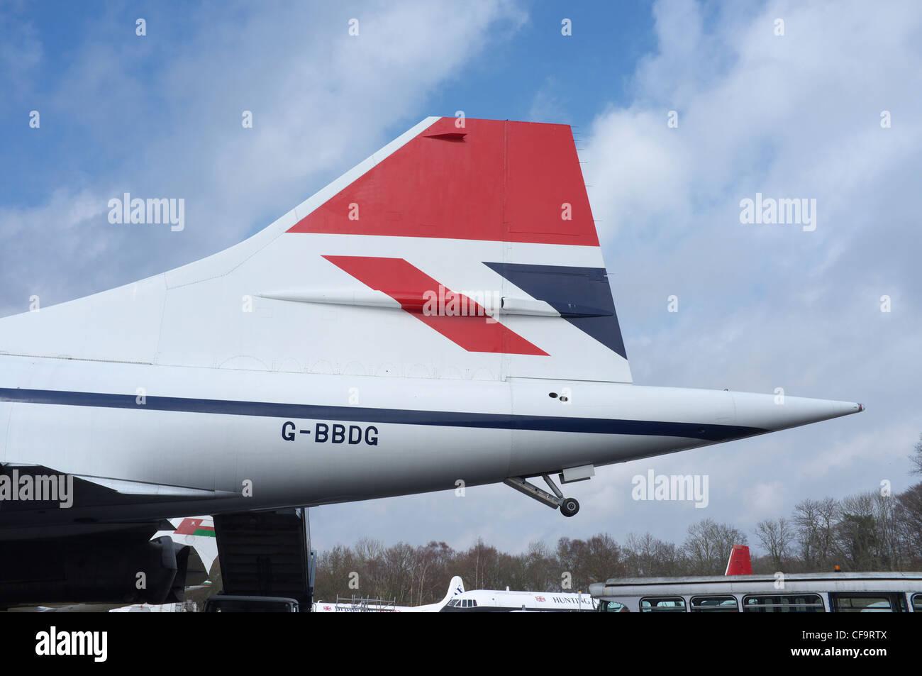 Tail Fin of Concorde prototype G-BBDG at Brooklands Museum. Stock Photo