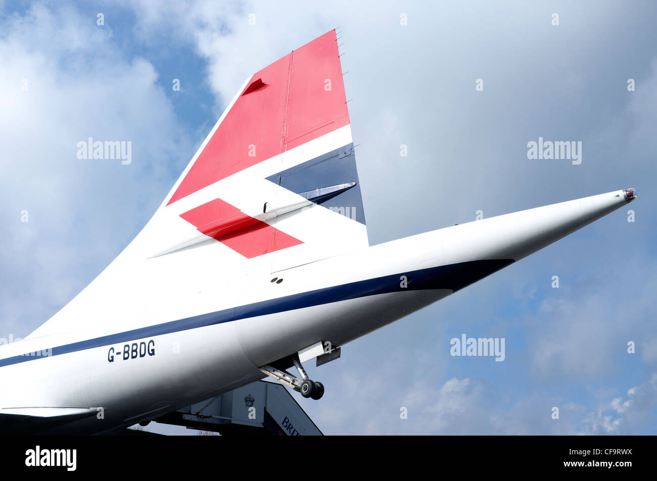 Tail Fin of Concorde prototype G-BBDG at Brooklands Museum. Stock Photo