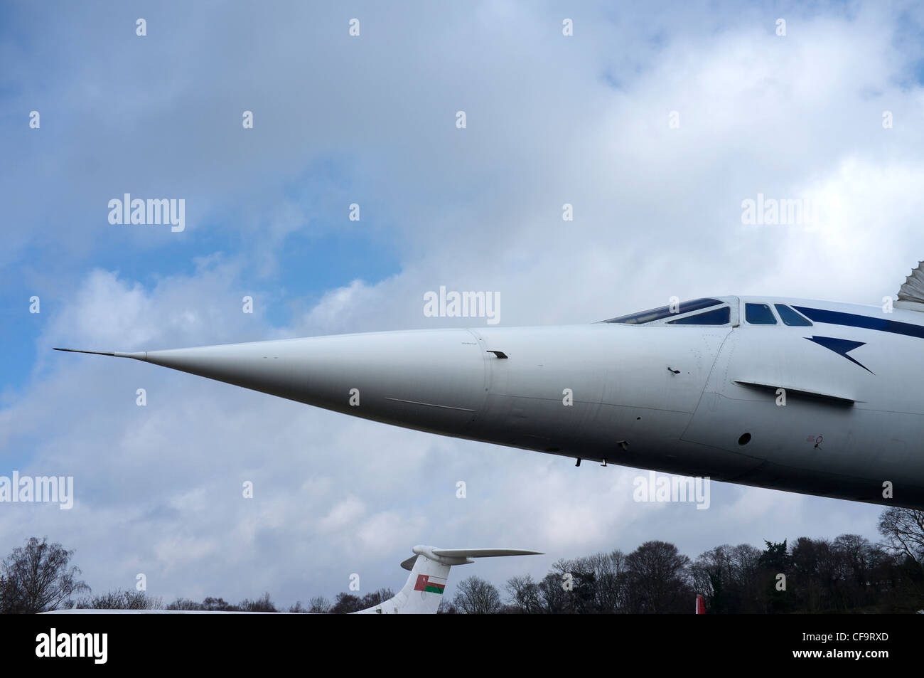 The tilting nose of Concorde G-BBDG at Brooklands Museum. Stock Photo