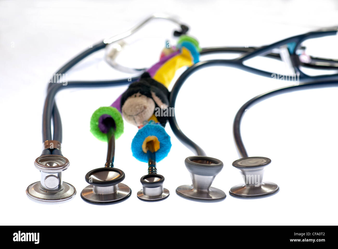 A collection of Stethoscopes on a white back ground Stock Photo