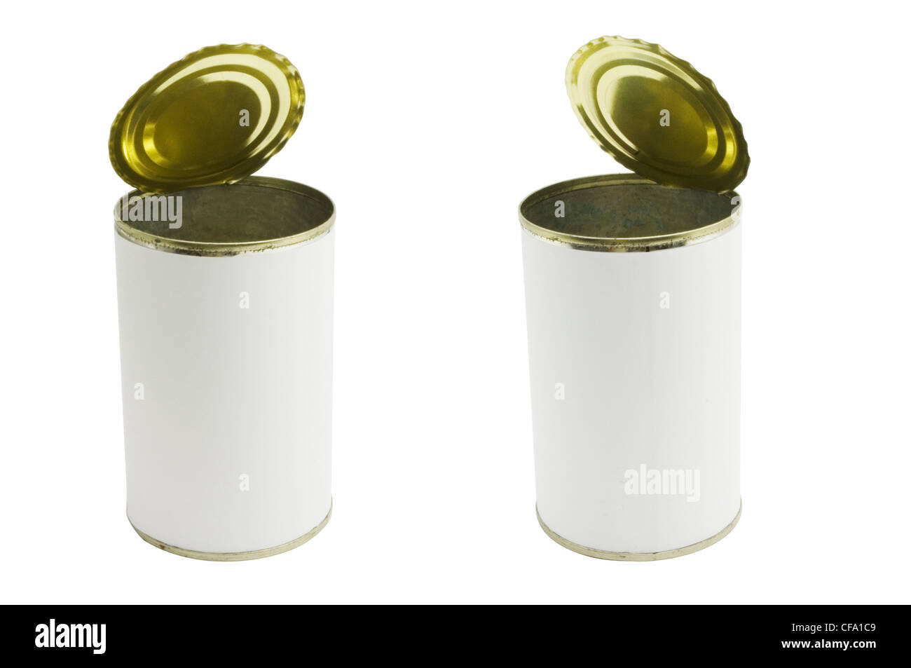 two no brand tin can, isolated on white with clipping path in jpg. Stock Photo