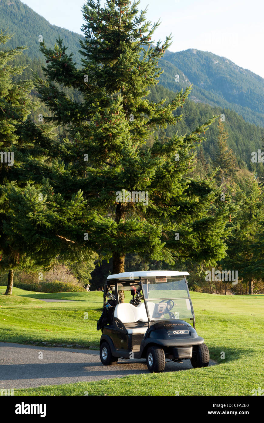 Golf cart at Furry Creek Golf Course on Sea to Sky Highway, near