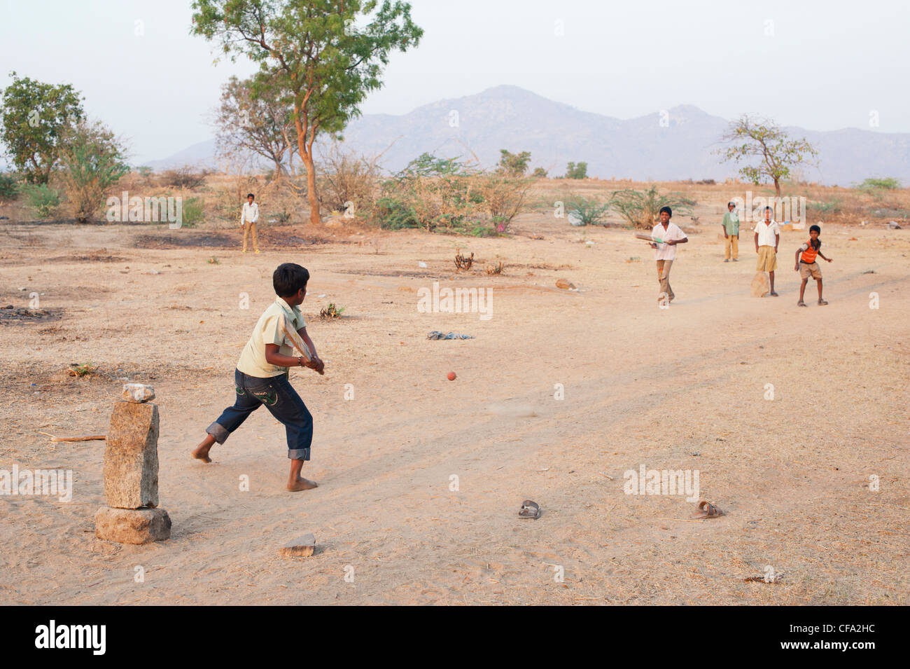 Indian boys playing cricket in the dry indian countryside. Andhra Pradesh, India Stock Photo