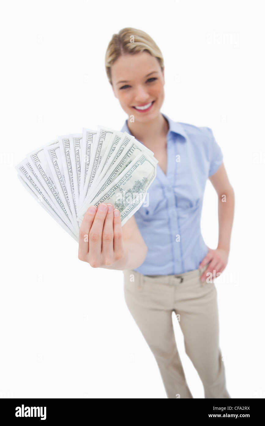 Money being held by woman Stock Photo