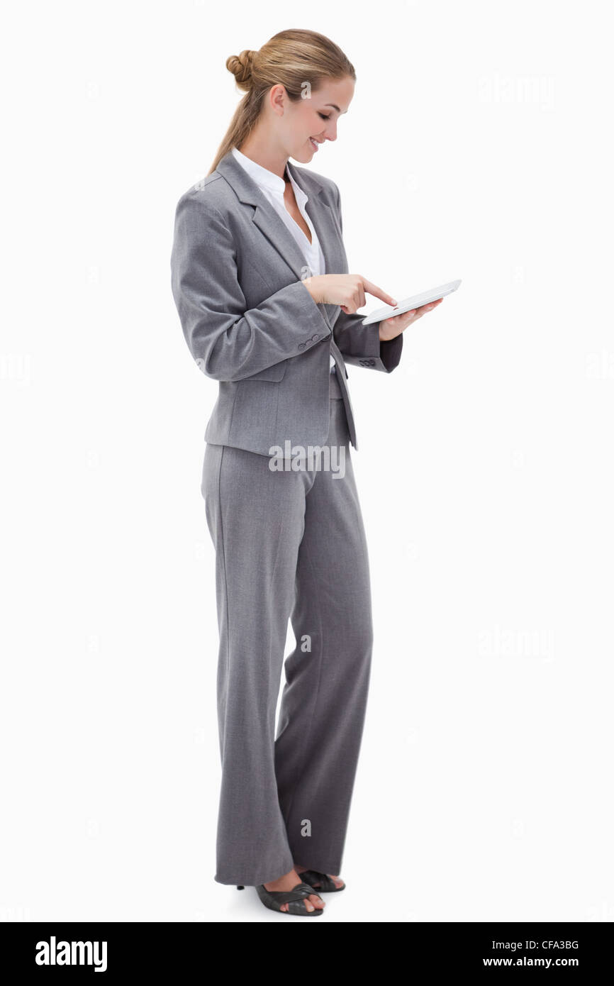 Side view of bank employee using tablet Stock Photo