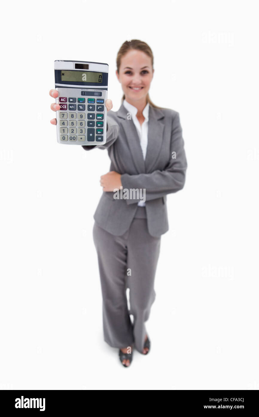 Smiling bank employee showing pocket calculator Stock Photo