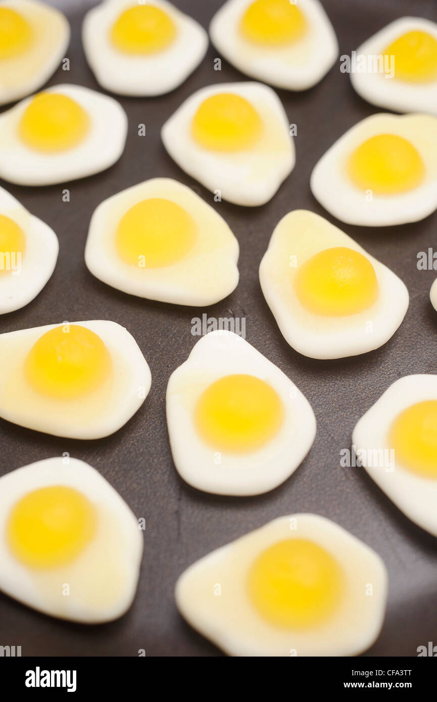 Gummy fried egg sweets in a frying pan Stock Photo Alamy