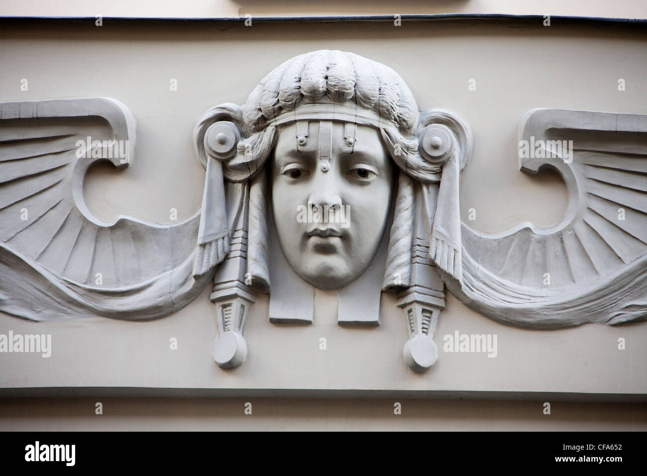 Riga, Latvia, Baltic, Europe, City, Art Nouveau, Building, Alberta Street, detail, head, wings, facade Stock Photo