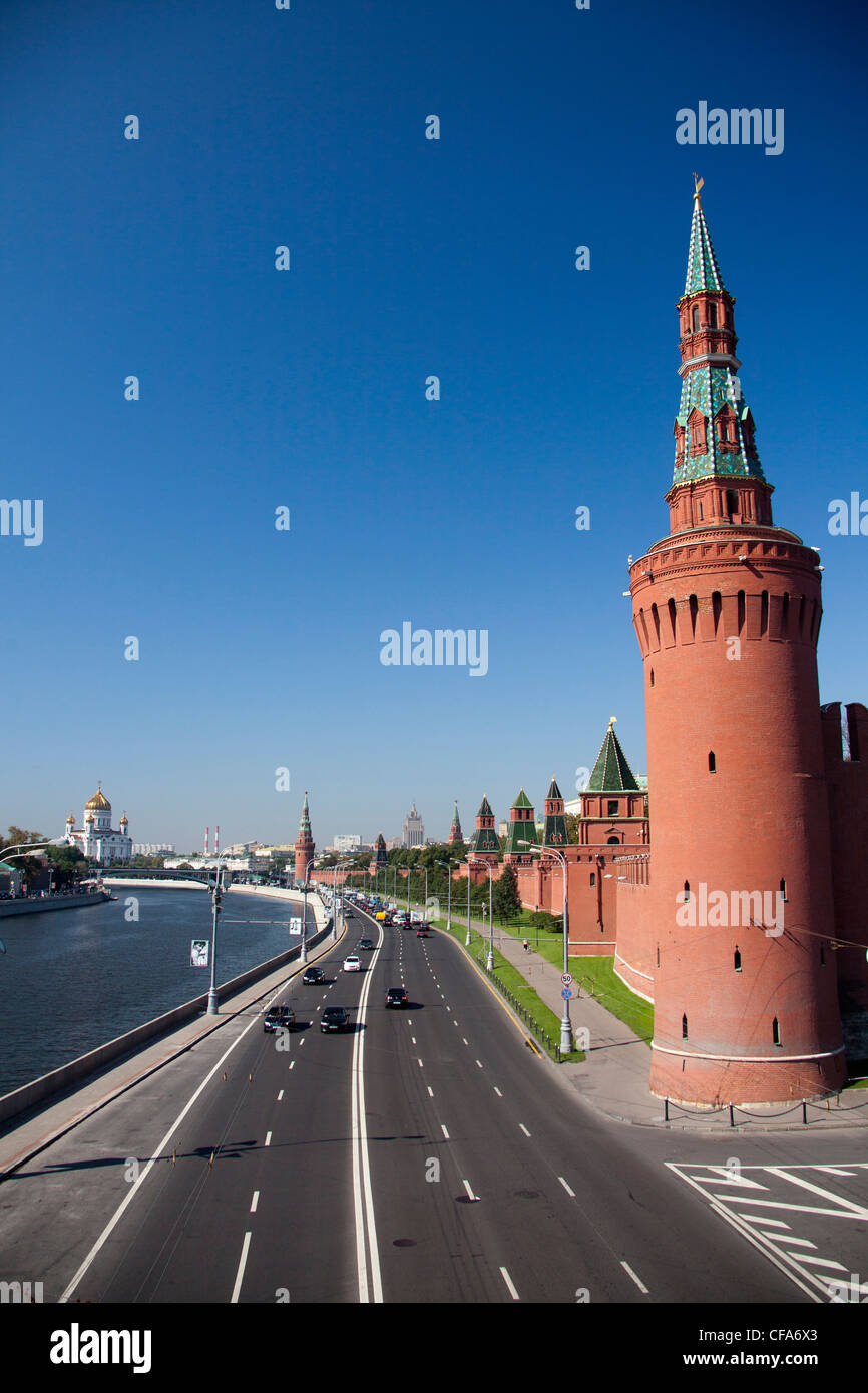 Russia, Europe, Moscow, City, Kremlin, Walls, river, Moscow river, tower, street Stock Photo
