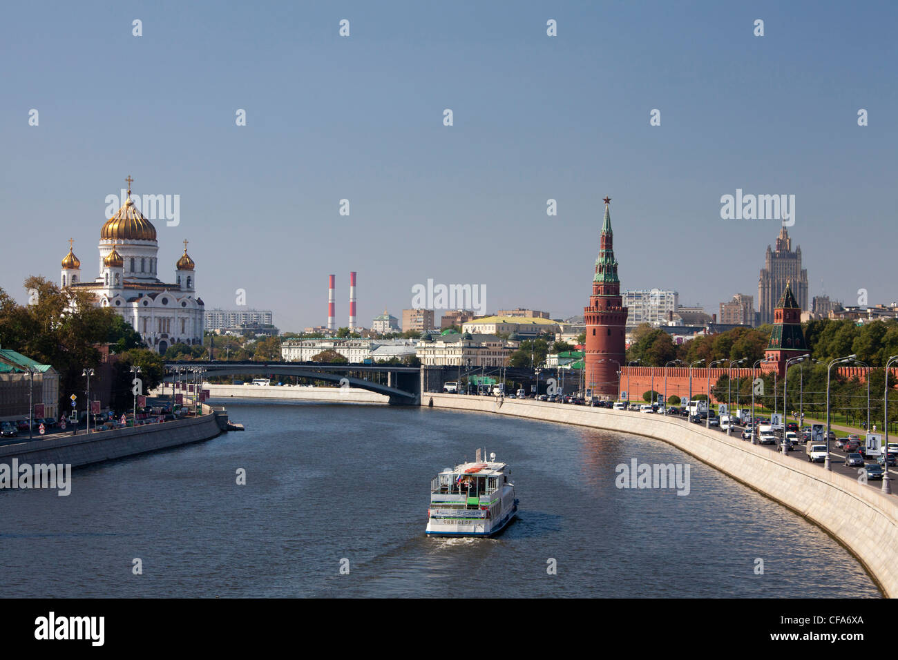 Russia, Europe, Moscow, City, Moscow river, Moscow river, Church, Christ the Saviour, Kremlin, boat Stock Photo