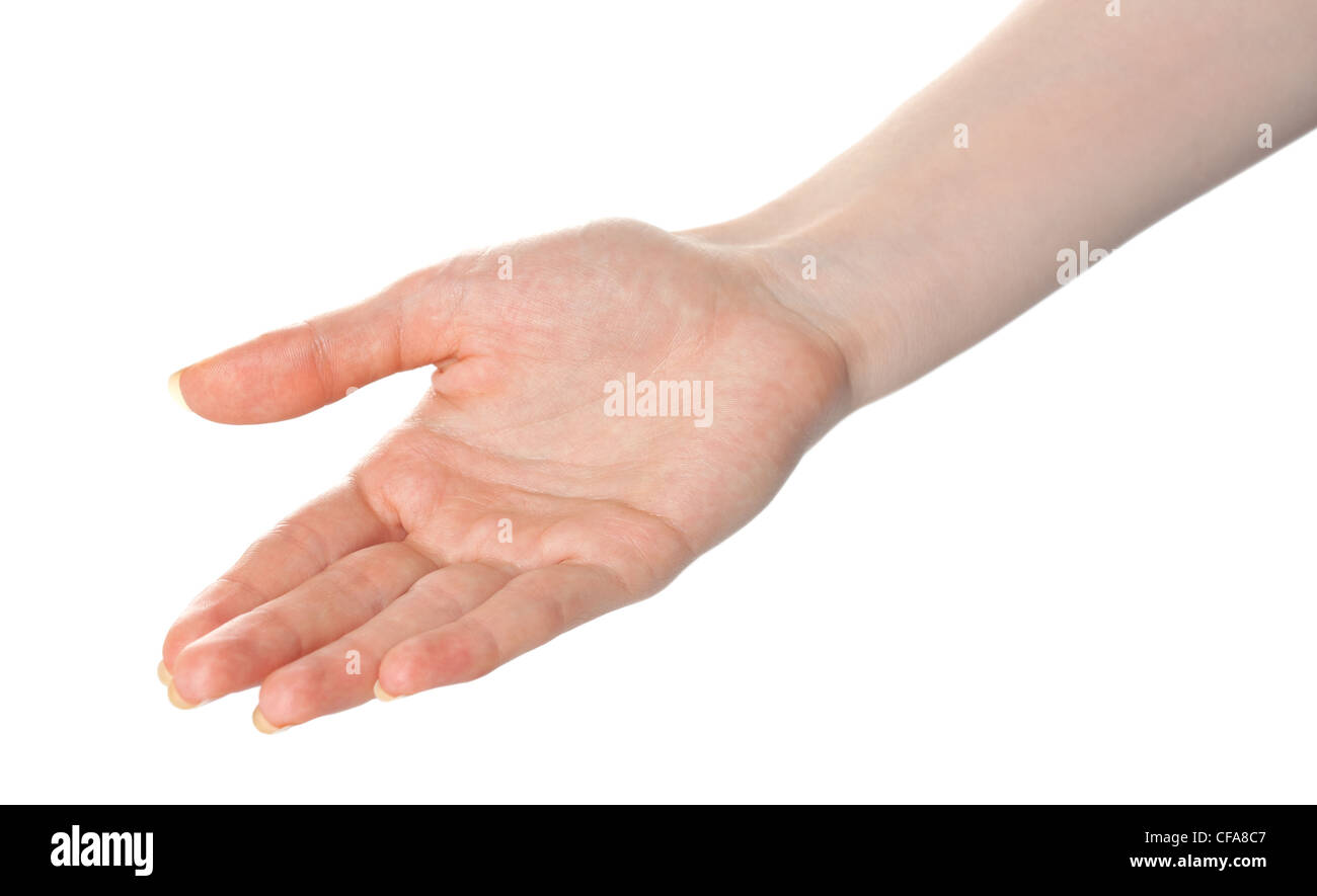 Woman open palm offering something Stock Photo