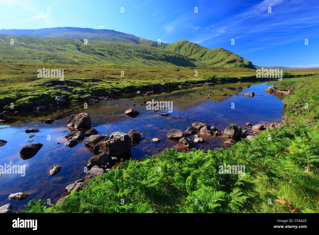 Durness, river, flow, River run, water, Great Britain, Highland, highlands, sky, highland, scenery, marshy landscape, nature, Sc Stock Photo