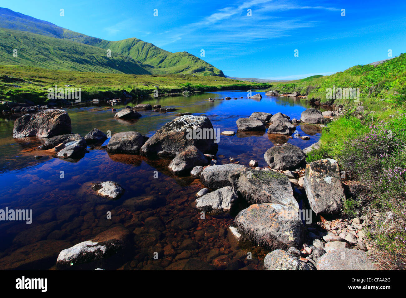 Durness, river, flow, River run, water, Great Britain, Highland, highlands, sky, highland, scenery, marshy landscape, nature, Sc Stock Photo