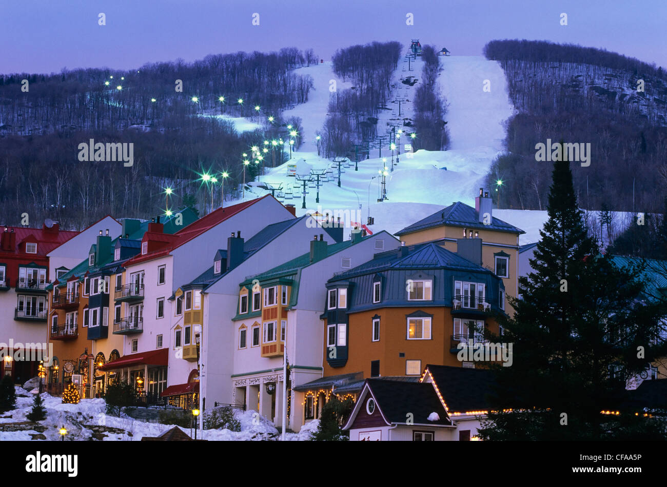 South Side Village at dusk, Mont Tremblant Resort, Quebec, Canada Stock