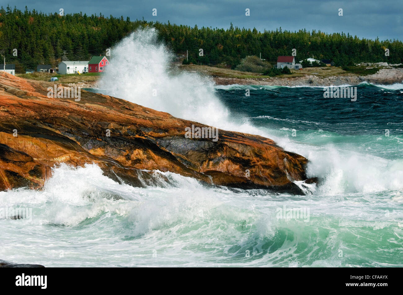 Atlantic Ocean storm waves along Neils Harbour, Cape Breton Highlands National Park, Nova Scotia, Canada. Stock Photo