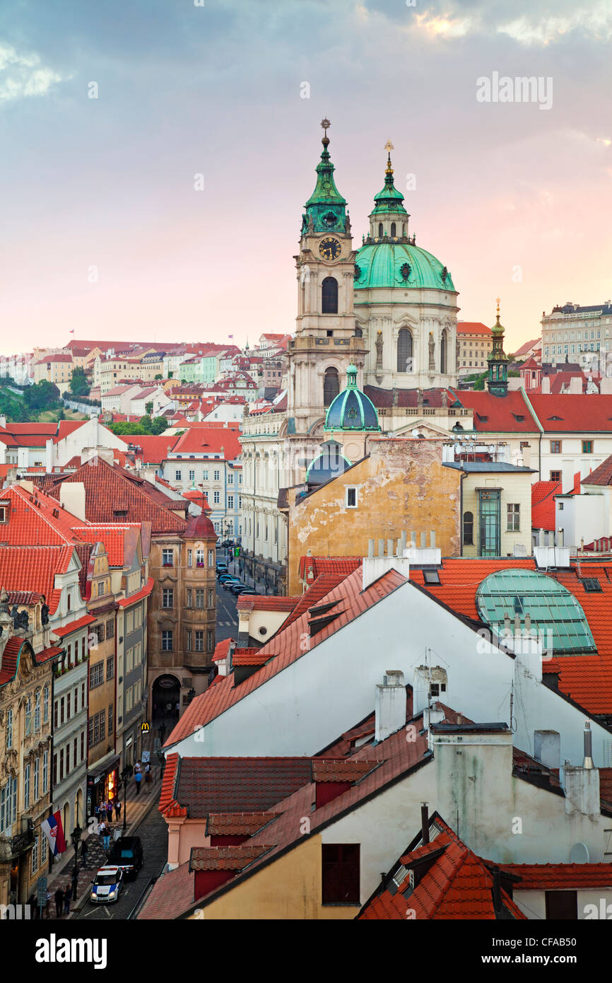 Church towers and rooftops of the Prague skyline in Prague, Czech Republic Stock Photo