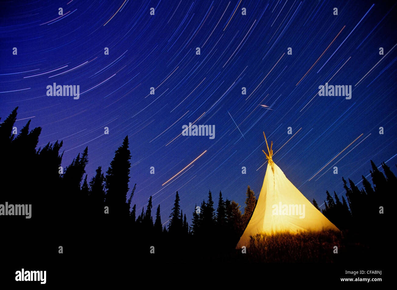 Star trails over a teepee that was set up by the Canim Lake band in