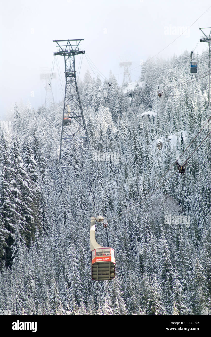 The Grouse Mountain Skyride travels up towards the top of Grouse Mountain in North Vancouver, British Columbia, Canada. Stock Photo