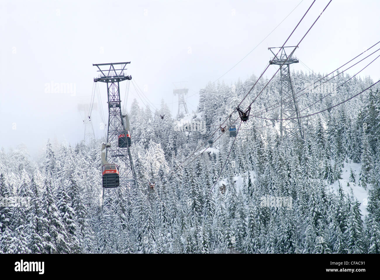 The Grouse Mountain Skyride travels up towards the top of Grouse Mountain in North Vancouver, British Columbia, Canada. Stock Photo